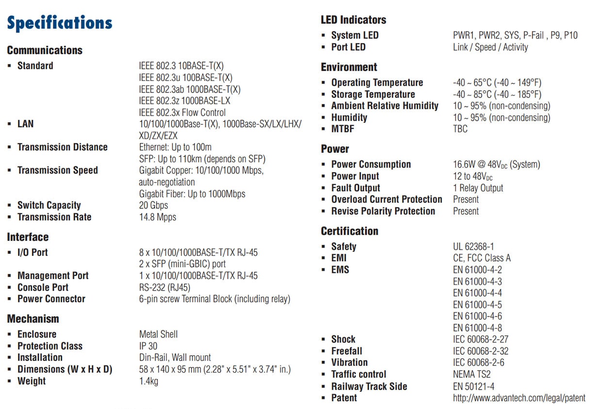 Advantech EKI-8510G-2FI spezifikationen