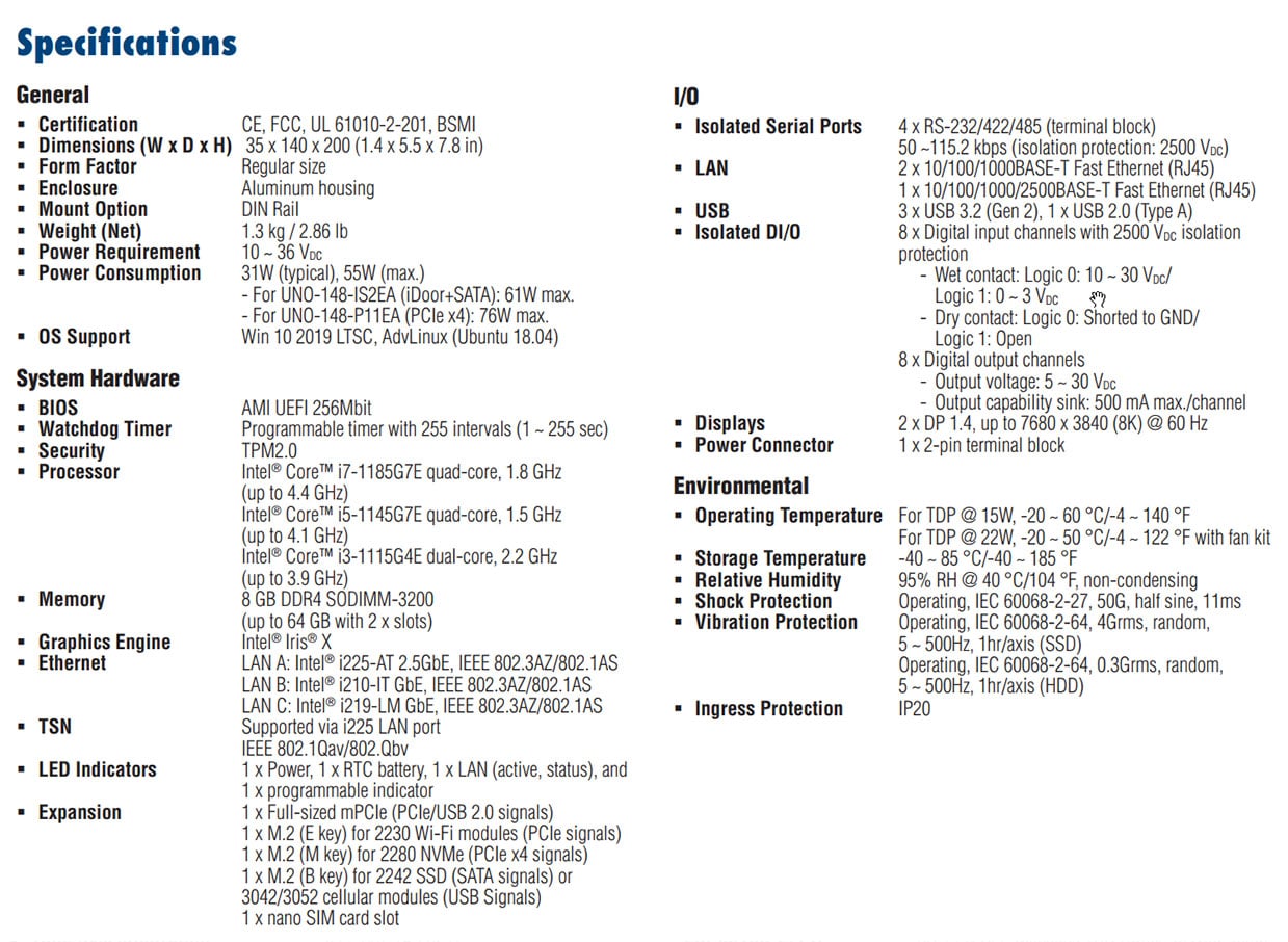 Advantech UNO-148 Speyifikationen